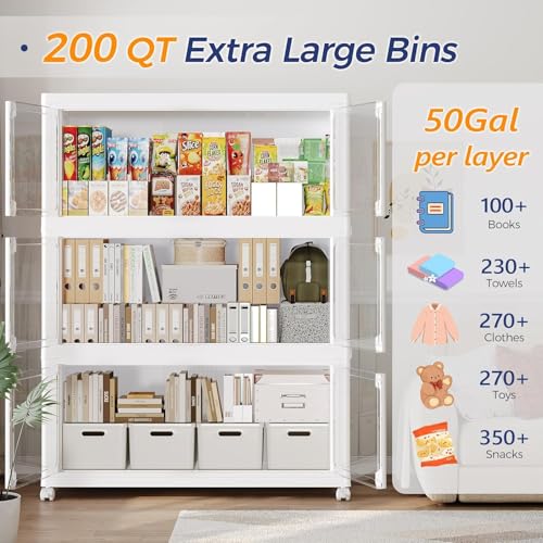 200GAL Large Stackable Storage Bins with Lid and Wheels, 800Qt Collapsible Organizer Cabinet with Clear Door, for Closet, Bedroom, Kitchen, Garage, 4-Pack White - style: 4 Pack