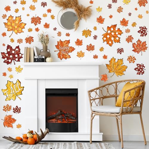 Fall Wall Stickers Maple Leaves Oil Painting Wall Decals Autumn Room Mural Stickers for Thanksgiving Home School Office Party Decor, 7.9 x 11.8 Inch, 9 Sheets