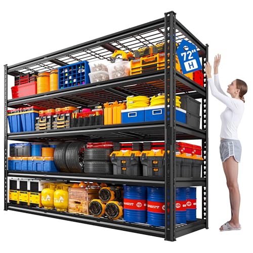 REIBII 55" W Garage Shelving Unit, 5-Tier Adjustable Rivet Metal Shelves, 2800 LBS Industrial Steel Storage Shelves with Reinforced Mesh, for Warehouse Basement Pantry, Shed, Black, 72" H x 17.7" D - size: 55"Wx17"D x 72"H