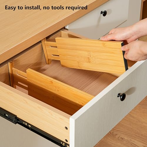 Fabsome Dresser Drawer Organizers 6 Pack, 4.65'' High Adjustable from 12.5-17‘’ Bamboo Drawer Dividers for Clothing Baby Clothes, Wooden Separators for Dresser Nursery Organization with Soft Foam Ends - size: For 12.5-17in deep drawers inner size