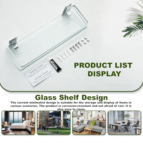 AIJALY 2 Pack Bathroom Glass Shelf,15.7 Inches Silver Bathroom Shower Glass Shelf Wall-Mounted, Metal Storage Floating Kitchen Shelf - color: Silver 2 Pack
