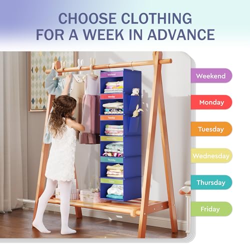 YOUDENOVA 6-Shelf Weekly Hanging Closet Organizer, Weekly Clothes Organizers for Kids with 2 Side Pockets, Blue - color: Blue