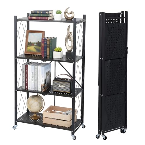 4 Tier Foldable Storage Shelf with Wheels, Collapsible Metal Rack Shelving Unit, No Assembly Required, Rolling Cart Shelf Rack Organizer for Books, Garage, Kitchen, Closet, Pantry, Exhibition, Black - size: 4-Tier