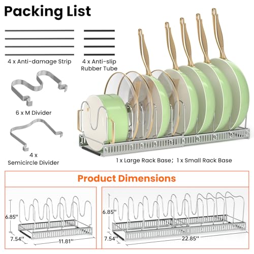 MUDEELA Pots and Pans Organizer Rack for under Cabinet, Expandable Pot Lid Kitchen Cabinet Organizer Holder with 10 Adjustable Compartment Cutting Board Organizer for Pan Lid Cookie Sheet Rack, Silver - style: 10 Dividers-Silver