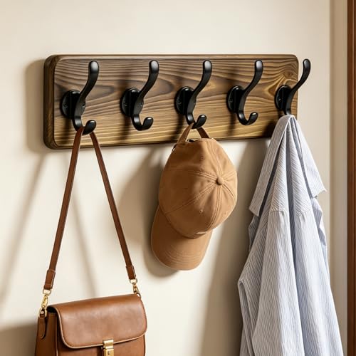 17" Coat Rack Wall Mount, Rustic Wall Mounted Coat Rack, Pine Solid Wood Coat Hook Hanger with 5 Metal Hooks- Wall Coat for Hanging Clothes Key Robes Towels Coats - color: Brown, size: 17 inch