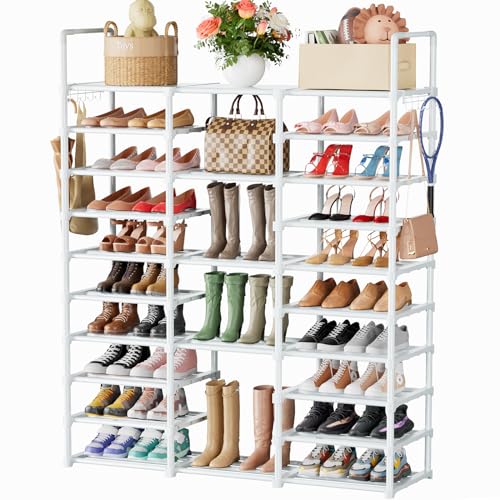 Mavivegue 10 Tiers Shoe Rack, Large Storage Space, 55-60 Pairs, White, Polypropylene - color: White, size: 3 Row 10 Tier