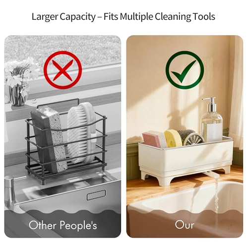 Sponge Holder for Kitchen Sink – Rustproof Stainless Steel, 360° Rotating Drain Pipe, Large Counter Organizer with Drip Tray for Sponges, Brushes & Dish Cloths Off-white - color: Off-White 1