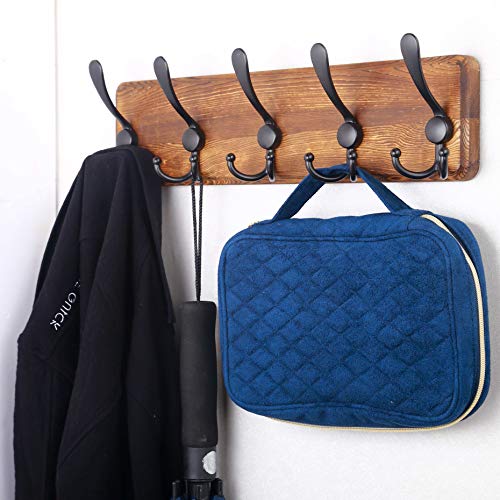 SKOLOO Rustic Wall Mounted Coat Rack: 16" Stud Spacing, Pine Real Wood Plank Wall Coat Rack with 5 Triple Hooks, Farmhouse Coat Hanger Wall Mount for Hanging Backpack Jacket Coat Hat - color: Brown Plate & Black Hook, size: 1 Item-5 Hooks