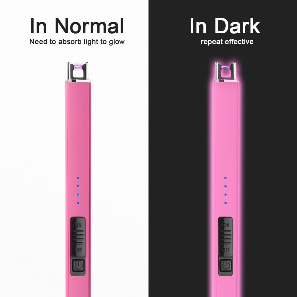 SUPRUS Fluorescent Lighter Glows in The Dark Electric Lighter Candle Lighter Rechargeable USB Arc lighters with Safety Lock Windproof Flameless Plasma for Candle BBQ Camping (Pink)