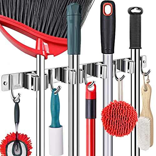 Broom Mop Holder Wall Mount Broom Hanger Wall Mounted Metal Organization Garage Storage Garden Kitchen Tool Organizer With 4 Racks and 5 Hooks (Silver, 1 Pack 4R5H) - size: 1 Pack 4R5H