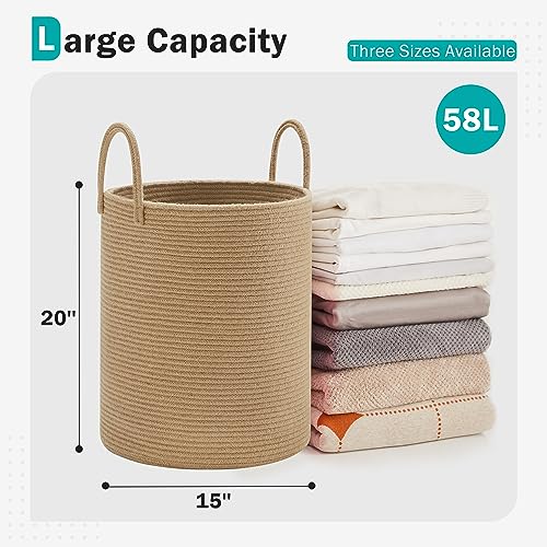YOUDENOVA Cotton Laundry Hamper, 58L - Woven Collapsible Storage Basket - Jute Brown - color: Jute Brown, size: 58L