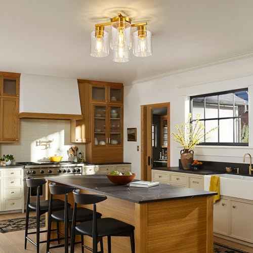 4 Light Semi Flush Mount Ceiling Light Brushed Gold Kitchen Lighting Fixtures Ceiling Brass Hallway Cieling Lights Fixture with Clear Glass Shade for Bedroom Dining Room