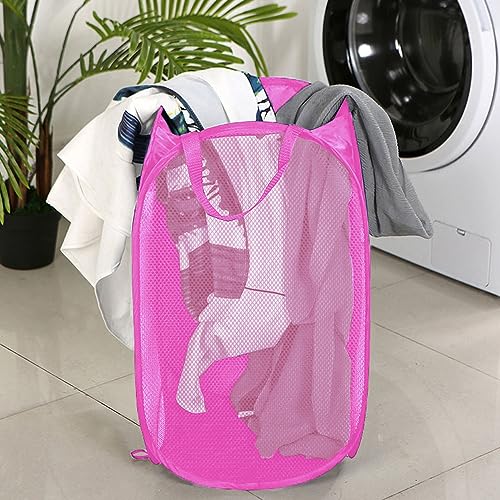 Larpur Popup Laundry Basket, Collapsible Portable Mesh Clothes Washing Laundry Hamper with Reinforced Carry Handles (Pink) - color: Pink