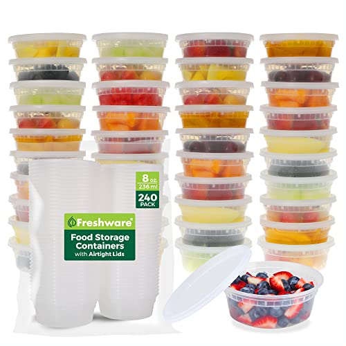 Freshware Food Storage Containers [240 Set] 8 oz Plastic Deli Containers with Lids, Slime, Soup, Meal Prep Containers, BPA Free, Stackable, Leakproof, Microwave, Dishwasher and Freezer Safe - size: 8 oz, 240 Set