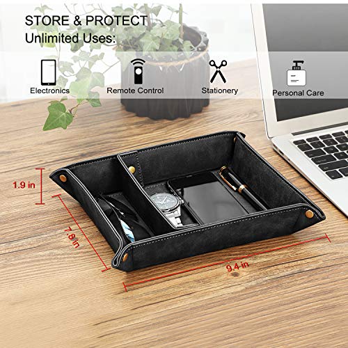 SITHON Valet Tray Desktop Storage Organizer, Removable 2 Compartments Catchall Tray Bedside Vanity Nightstand Caddy Holder Desk Storage Plate, Black - color: Black