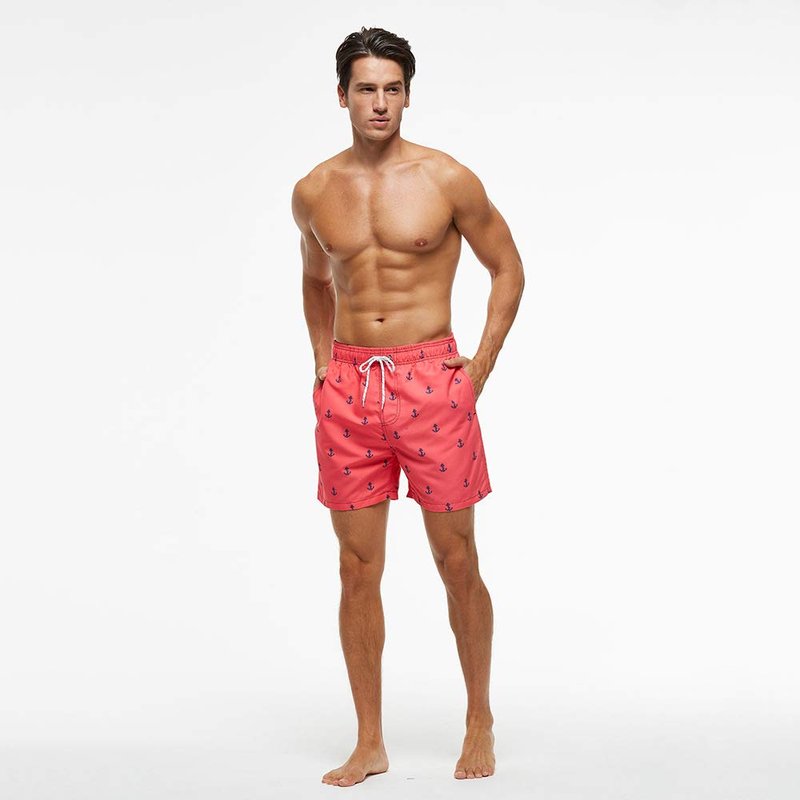 FREDRM Mens Swim Trunks Quick Dry Boardshorts with Mesh Lining Above Knee Swimwear Bathing Suits (Pink Anchor, M)
