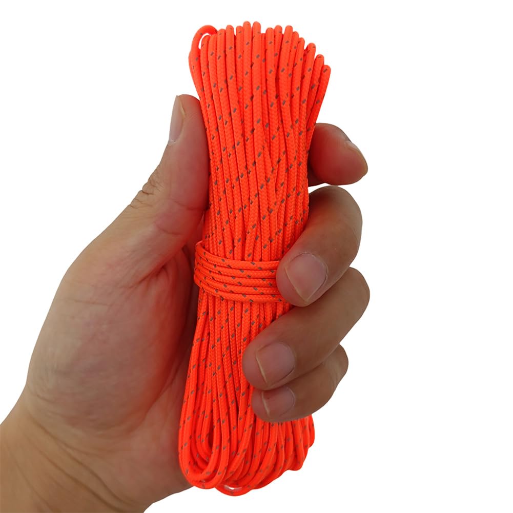Legnowit 2mm Fluorescent Reflective Guyline Camping Paracord, Ultralight Thin Cord Rope for Tarp Rain Fly Tent Camping, 65 Feet -Orange