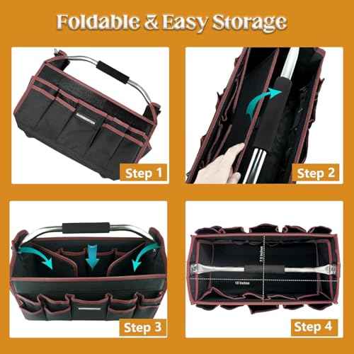 20 In Tool Carrier, Open Top Tool Tote 30 Pockets, Waterproof Tool Bag For Men, Foldable Wide Mouth Electricians Tool Bag, With Stainless Steel Handle and Removable Shoulder Strap