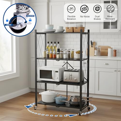 4 Tier Foldable Storage Shelf with Wheels, Collapsible Metal Rack Shelving Unit, No Assembly Required, Rolling Cart Shelf Rack Organizer for Books, Garage, Kitchen, Closet, Pantry, Exhibition, Black - size: 4-Tier