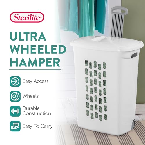 Sterilite 6-Pack Ultra Wheeled Hamper, Laundry Basket w/Flip-Top Lid & Retractable Handle - Plastic Rolling Clothes Storage Cart with Ventilated Holes for Home, Apartment or Dorm - size: 6 Pack