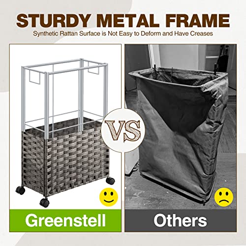Greenstell Laundry Hamper with Wheels, 11.9 Gallon (45L) Small Clothes Hamper with 2 Removable Liner Bags & 2 Mesh Bags, Slim Rattan Laundry Basket for Bathroom, Bedroom, Grey - color: Grey, size: 45L (15.8 x 7.9 x 23.6 inches)