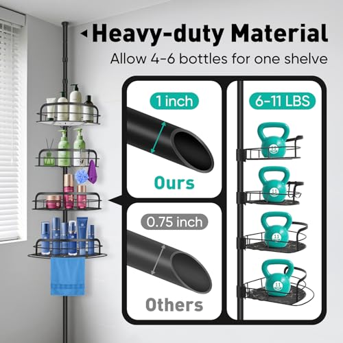 BlumWay Corner Shower Caddy Tension Pole, 4-Tier Adjustable Shower Organizer Shelves, Rustproof Bathroom Shower Organizer Corner Shelf for Bathtub Shampoo Storage, 32 to 116.5 Inch Height