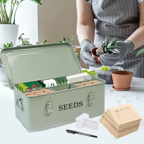Seed Storage Organizer, 4 Compartment Seed Storage Box with Safety Lock, Metal Seed Box Seed Packet Container with 1 Pen, 12 Slots, 20 Plant Labels & 30 Seed Envelopes, Green Gardening Gift - color: Green Box with Slots