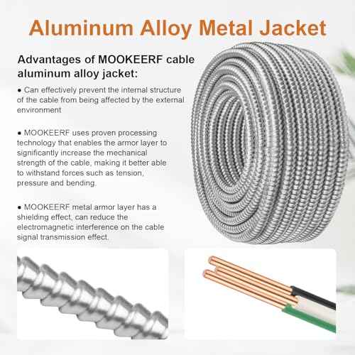 14/2 MC Cable with Ground - 50FT Pure Copper 14AWG/2 Metal Clad Wire with Aluminum Armor 14 Gauge 2 Conductor Type MC Alum Cable