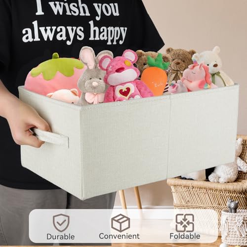 3 Pack Linen Storage Baskets with Handle,Large Foldable Closet Storage Bins for Shelves, Toys, Sheets, Clothes Organization,18"×11"×8",Beige
