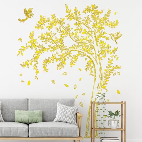 Large Tree Wall Decal - Gold Tree Wall Decals, Peel and Stick Trees Leaves Wall Stickers Foil Stamping Birds Leaf Walls Decor for Classroom Living Room Bedroom Nursery (Gold, 11.8 * 23.6inch)