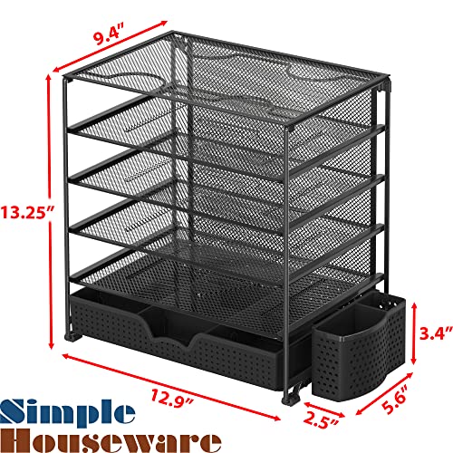 Simple Houseware 5-Tier Document File Tray with Supplies Sliding Drawer and Pen Bucket, Black