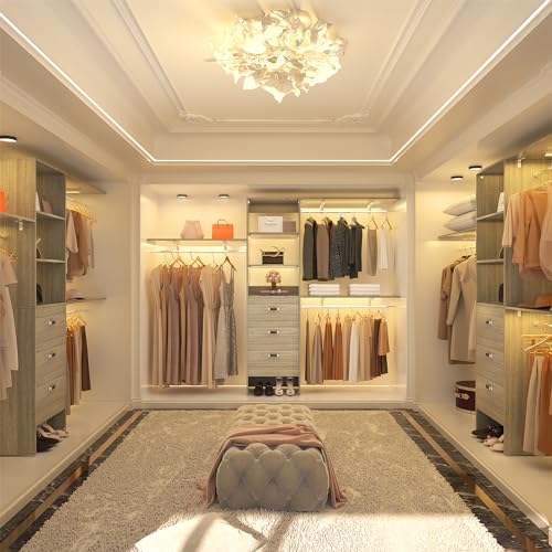 iSunirm 8FT Closet System, 96'' Closet Organizer System with 3 Hanging Rods, Wall Mount Bedroom Wardrobe with 3 Drawers Walk-in Closet, Adjustable Garment Rack from 5 to 8FT(Cut to Fit), White Oak - color: White Oak