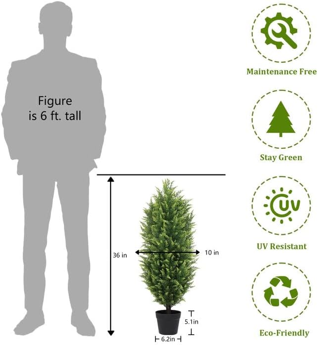 THE BLOOM TIMES 3FT Tall Artificial Cedar Topiary Trees Set of 2, UV Resistant Large Faux Cypress Evergreen Plants for Outdoor Planters, Realistic Fake Bushes & Shrubs for Front Porch Christmas Decor