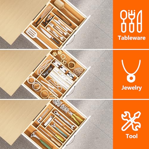 Expandable and Adjustable Bamboo Drawer Organizer Tray - Cutlery Drawer Organizer for Kitchen Utensils, Silverware Organizer with Dividers, 7-9 Slots with Curved Grooves (Natural) - size: 7-9 Slots