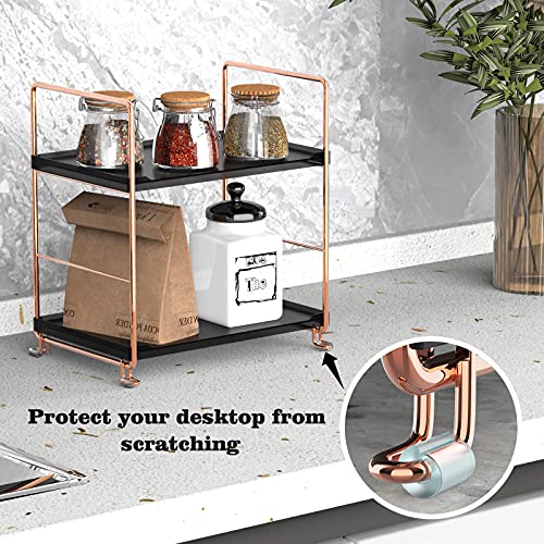 2-Tier Countertop Organizer Cosmetic Storage Rack Vanity Tray Stackable Standing Storage Shelf with Experience Manual(Rose Gold + Black) - color: Black + Rose Gold