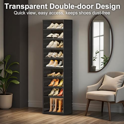 SYNCVIBE Shoe Rack Organizer for Closet Entryway Foldable Sneaker Storage Shoe, Collapsible Shoe Cabinet, Stackable Shoe Storage Cabinet with Lids for Living Room (9 Tiers -18 Pairs Black) - size: 9 Tiers -18 Pairs Black