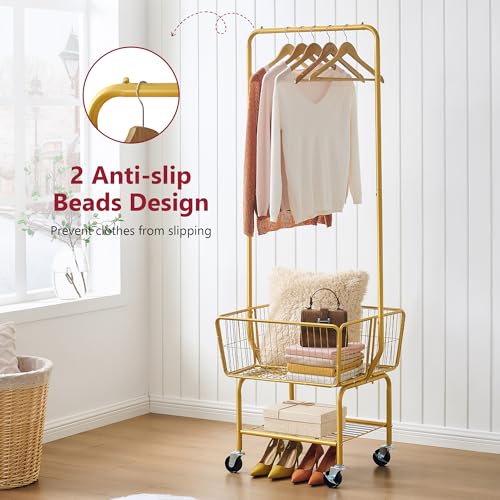 Tajsoon Laundry Cart with Wheels, Metal Rolling Laundry Hamper with Hanging Rack, Storage Basket and Shelf, Gold - color: Gold