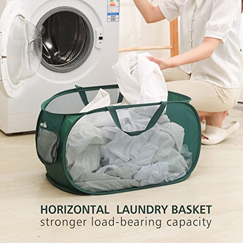 Pop Up Laundry Hamper,Collapsible Horizontal Baskets with Handles & Side Pocket,Foldable Sturdy mesh for Laundry Room,Bathroom,Kids Room,College Dorm Travel (Green) - color: Green