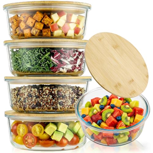 Blushtier 4 Pack 44 oz Borosilicate Glass Food Containers with Bamboo Lids, Stackable Glass Bowls for Meal Prep & Lunch, Microwave, Freezer and Dishwasher Safe - size: 44 oz