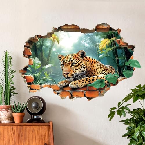 3D Broken Tiger Wall Decal Break Through Jungle Animals Wall Sticker Removable Tropical Rainforest Wall Art Forest Plants Peel and Stick Wallpaper for Kids Boys Bedroom Nursery Home Decoration B16018