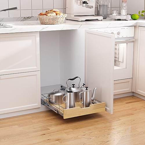 Sikarou Pull Out Cabinet Organizer,Heavy-Duty Slide Out Shelf, Wood And Wire Basket, Pull Out Drawer for for Kitchen Under Sink Space, Pantry, Bathroom (14 * 21 WM) - size: 1-TIE 14*21 WM
