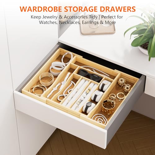 Expandable and Adjustable Bamboo Drawer Organizer Tray - Cutlery Drawer Organizer for Kitchen Utensils, Silverware Organizer with Dividers, 7-9 Slots with Curved Grooves (Natural) - size: 7-9 Slots