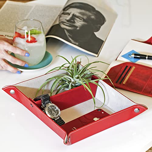 Londo Leather Tray Organizer - Practical Lightweight Water Resistant Computer Table Desk Storage Box for Wallets, Watches, Keys, Coins, Cell Phones and Office Equipment - color: Red