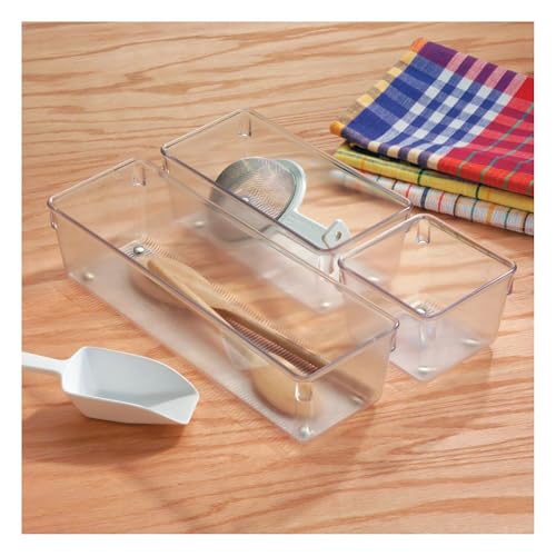iDesign Plastic Drawer Organizer Bins - Storage for Kitchen, Bathroom, and Desk Drawers - Set of 3 - Clear - size: 4 x 12 x 3, style: Pack of 3