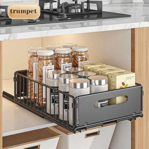 Pull Out Cabinet Organizer, Slide Out Cabinet Organizer Heavy-Duty Carbon Steel Expandable Drawer Adjustable Sliding Shelf Under Sink Rack Shelf for Kitchen Pantry Bathroom Closet - color: black small 2pcs