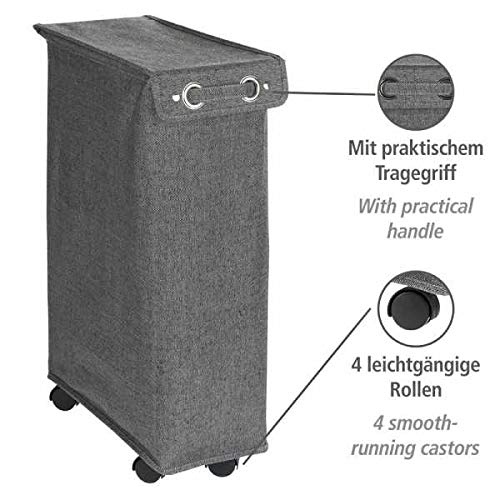 WENKO Slim Laundry Basket with Wheels, Thin Laundry Hamper, Rolling Laundry Bin with Lid, Space Saving Narrow Laundry Hamper for dirty Clothes Storage, 23.6 x 15.8 x 7.3 in, Gray - color: Black & White Tweed