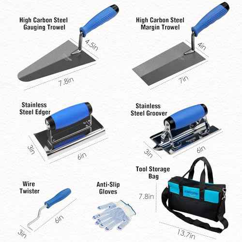 10PCS Concrete Trowel Set, Masonry Hand Tool Set Includes Large Flat Finishing and Pool Trowel, Wood Float, Concrete Edger and Groover, Margin Gauging, Wire Twister, Gloves & Carry Bag