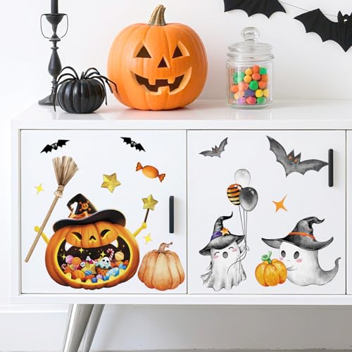 39Pcs Halloween Wall Stickers Cute Ghost Pumpkin Wall Decals Watercolor Peel and Stick Vinyl Decals Self-Adhesive Halloween Window Clings for Party Supplies Gift