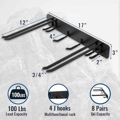 Wall Mount Ski Storage Rack,Garage Snowboard Storage Organizer 4 Pairs Metal Hooks Indoor Outdoor System Organization (Black 1pack)