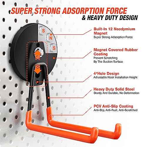 2Pcs Large Strong Magnetic Hooks for Hanging Heavy Duty, 3.5in Neodymium Magnet Storage Utility Hooks, Steel Long Magnetic Holder/Hanger Hook Organizer for Hanging Garage/Garden/Power Tools